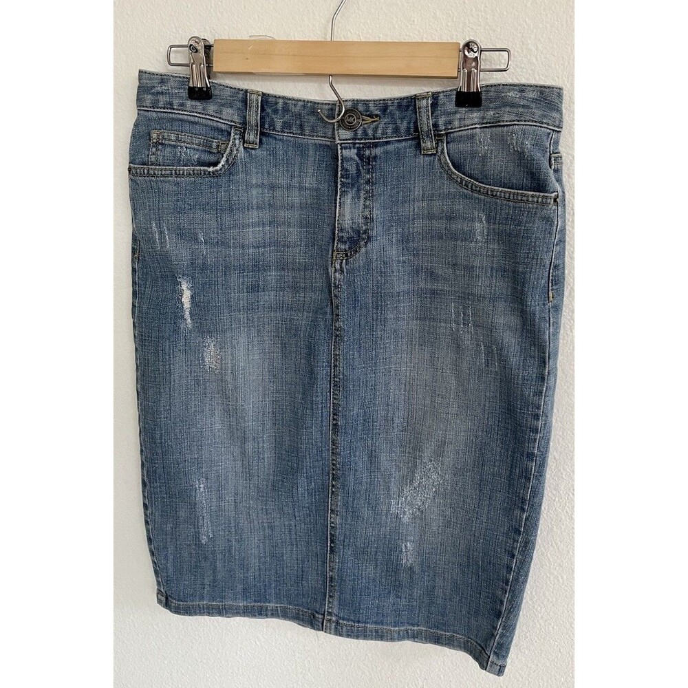 Michael Kors Denim Pencil Skirt Sz 8 Medium Wash Blue Knee Length Distressed Y2K